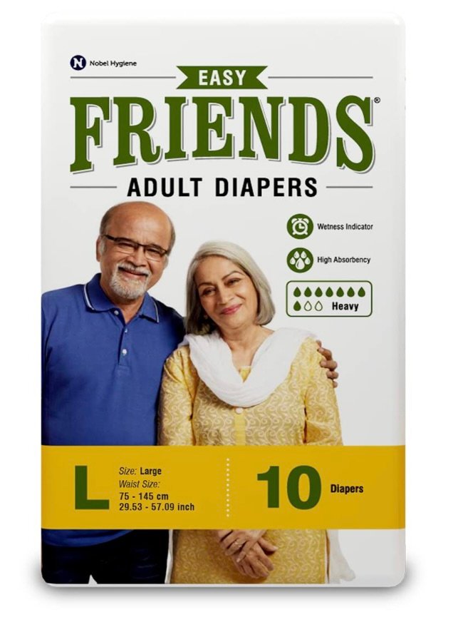Friends Easy Adult Diapers Tape Style |10 Count (Large) | Waist 32.68-59.84 inch; 83-152 cm with odour lock | Unisex | Leakproof | Wetness Indicator and Anti-Bacterial Absorbent Core