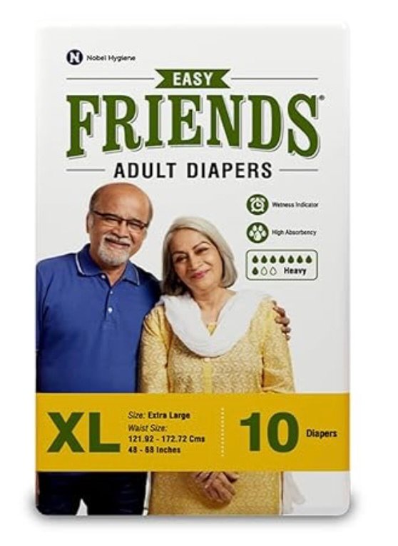 Friends Easy Adult Diapers Tape Style | 10 Count (X- Large) | Waist 35.43-65.35 inch; 90-166 cm with odour lock | Unisex | Leakproof | Wetness Indicator and Anti-Bacterial Absorbent Core